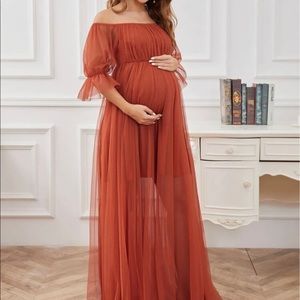 Maternity off shoulder Flounce sleeve Mesh Dress